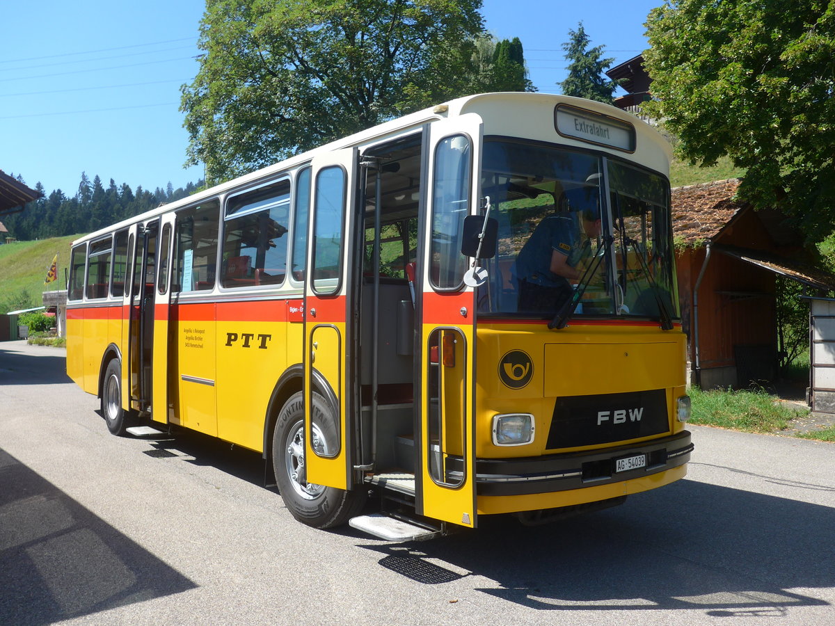 (219'571) - Birchler, Remetschwil - AG 54'039 - FBW/T�scher (ex Gerber, Winkel; ex Eggenberger, M�riken; ex Tanner, Bubendorf; ex P 24'803) am 9. August 2020 beim Bahnhof Emmenmatt