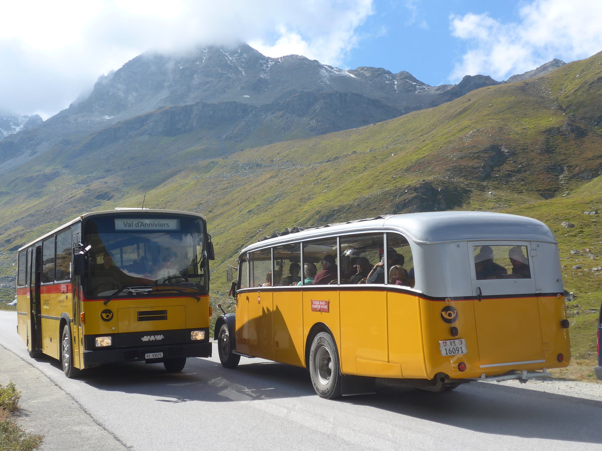 (220'504) - Oser, B�rchen - VS 93'575 - NAW/Lauber (ex Epiney, Ayer) + Bonnard, Ayer - VS 16'091 - Saurer/Hess (ex APN Gen�ve; ex Baumgartner, Grenchen; ex P 23'009; ex P 2031) am 6. September 2020 in Moiry, Lac de Moiry