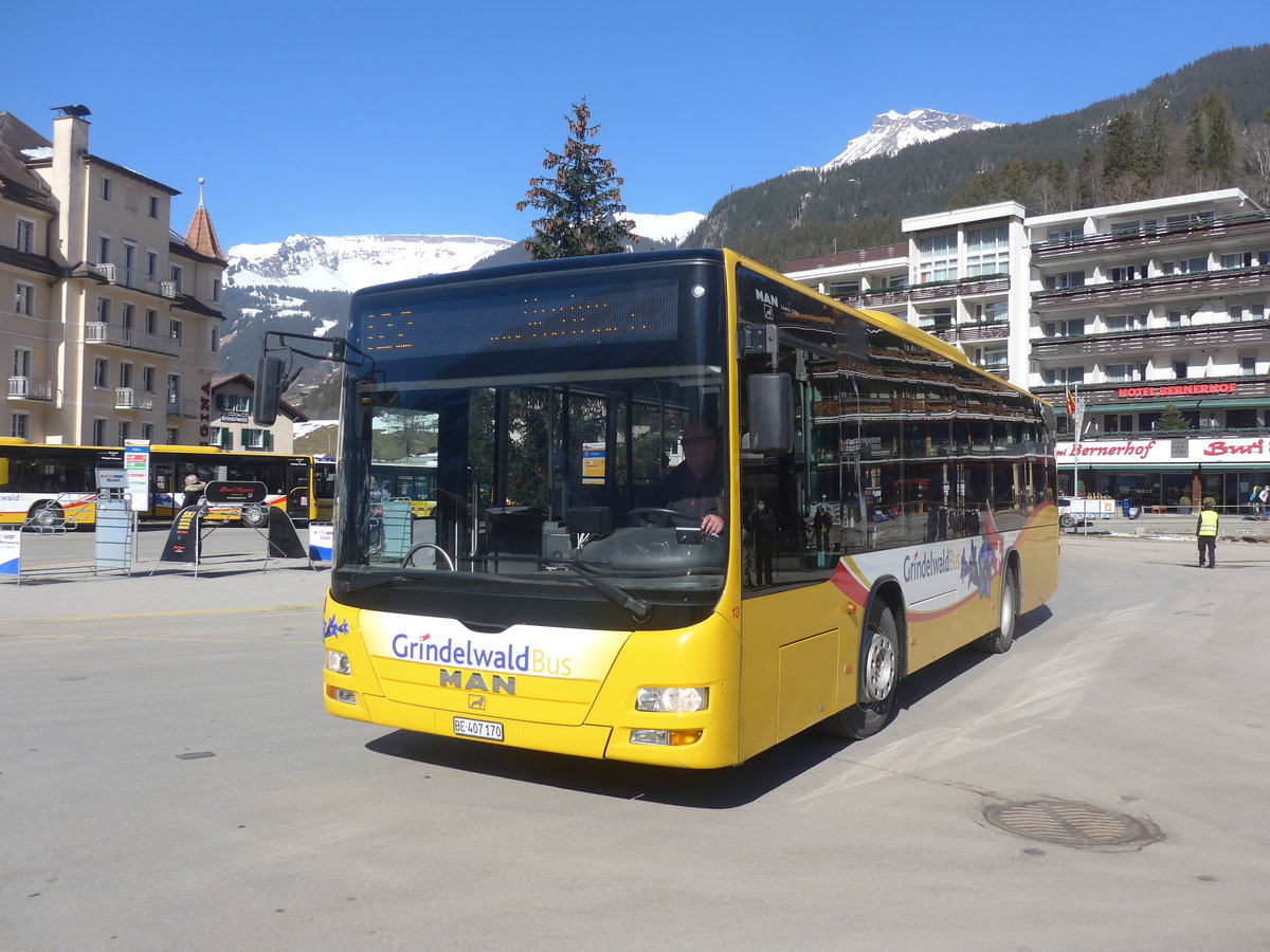 (223'847) - Grindelwaldbus, Grindelwald - Nr. 13/BE 407'170 - MAN/G�ppel am 28. Februar 2021 beim Bahnhof Grindelwald