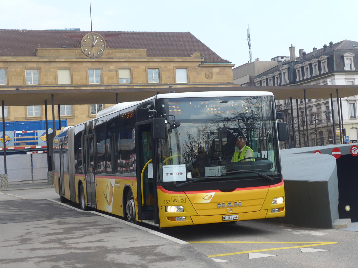 (224'029) - PostAuto Bern - Nr. 663/NE 165'364 - MAN (ex BE 610'550) am 7. M�rz 2021 beim Bahnhof Neuch�tel
