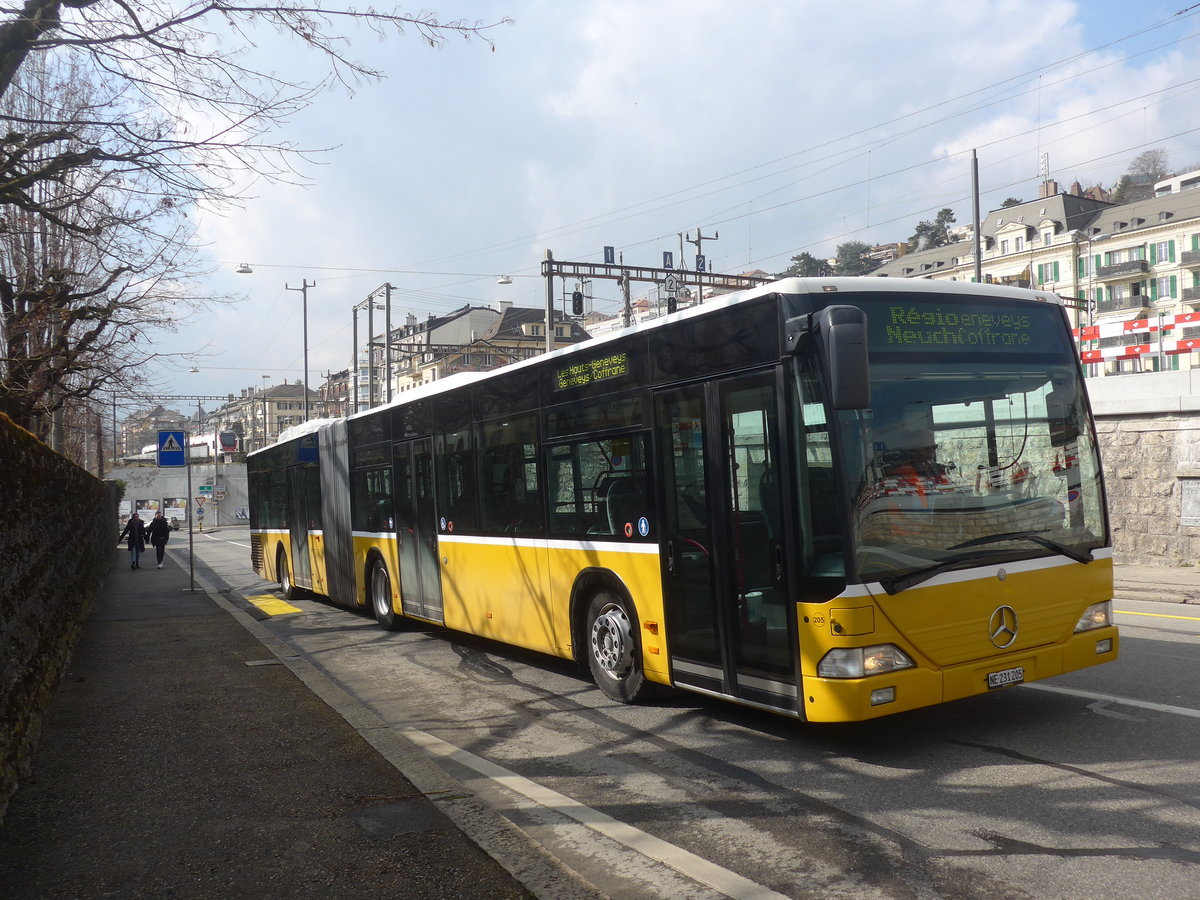 (224'033) - Interbus, Yverdon - Nr. 205/NE 231'205 - Mercedes (ex Twerenbold, Baden Nr. 19; ex Steffen, Remetschwil Nr. 95; ex PostAuto Nordschweiz) am 7. M�rz 2021 beim Bahnhof Neuch�tel (Einsatz CarPostal)