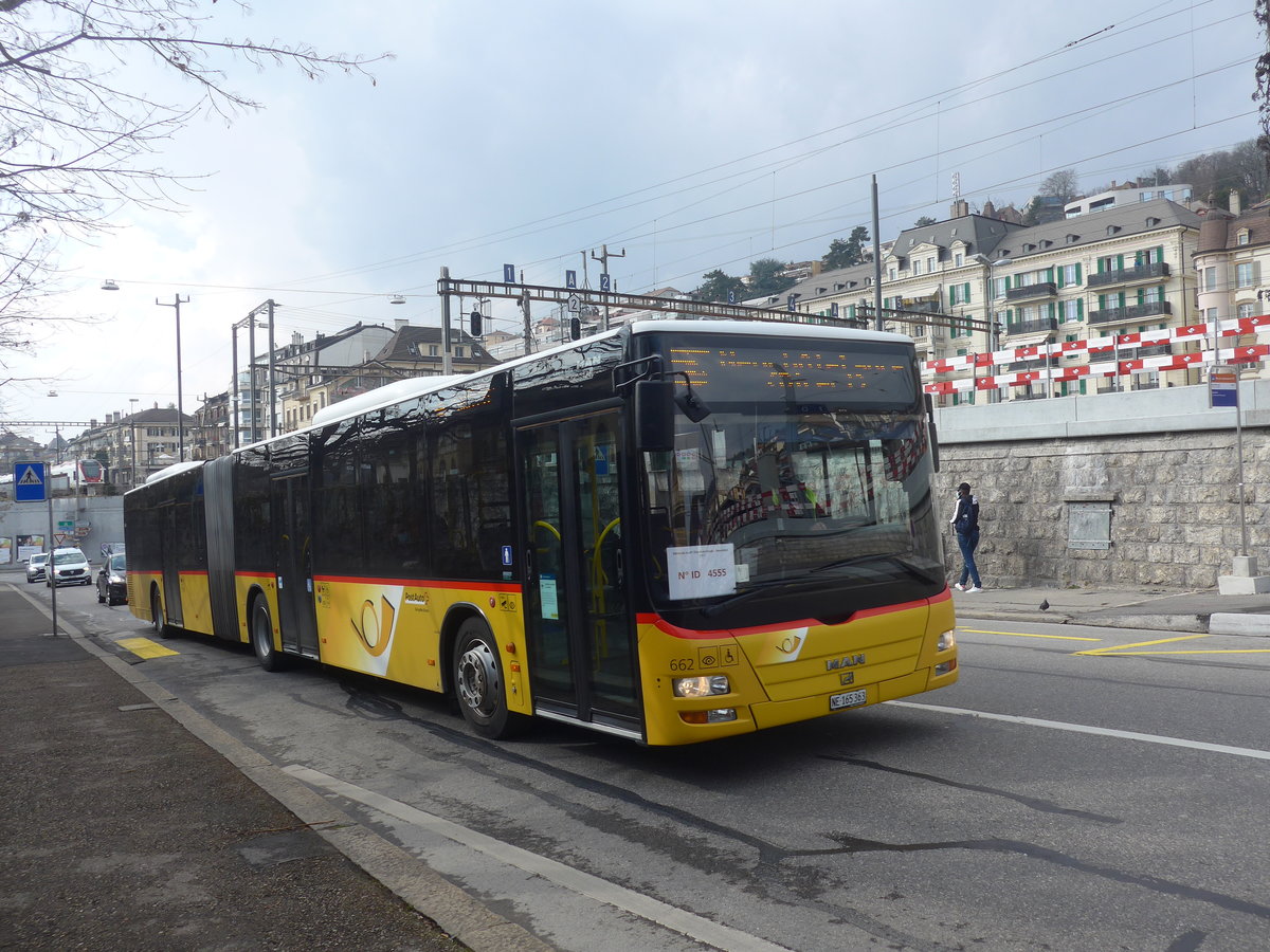 (224'041) - PostAuto Bern - Nr. 662/NE 165'363 - MAN (ex BE 610'549) am 7. M�rz 2021 beim Bahnhof Neuch�tel