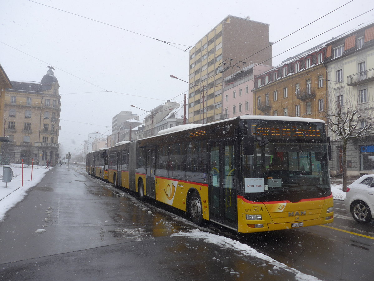 (224'136) - PostAuto Bern - Nr. 663/NE 165'364 - MAN (ex BE 610'550) am 14. M�rz 2021 beim Bahnhof La Chaux-de-Fonds (Einsatz CarPostal)