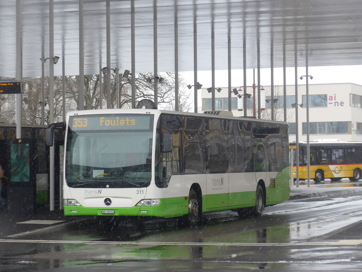 (224'142) - transN, La Chaux-de-Fonds - Nr. 311/NE 19'211 - Mercedes (ex TRN La Chaux-de-Fonds Nr. 311) am 14. M�rz 2021 beim Bahnhof La Chaux-de-Fonds