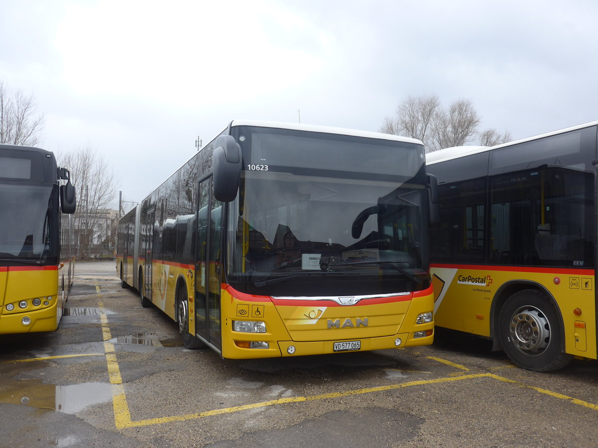 (224'203) - CarPostal Ouest - VD 577'065 - MAN am 14. M�rz 2021 in Yverdon, Garage