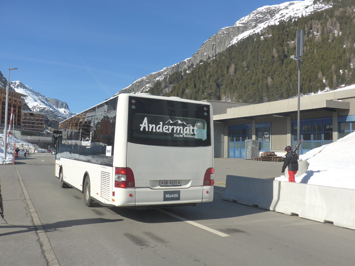 (224'539) - Mattli, Wassen - UR 9221 - MAN/G�ppel (ex Lengacher, Wichtrach Nr. 6) am 28. M�rz 2021 in Andermatt, Bahnhofplatz