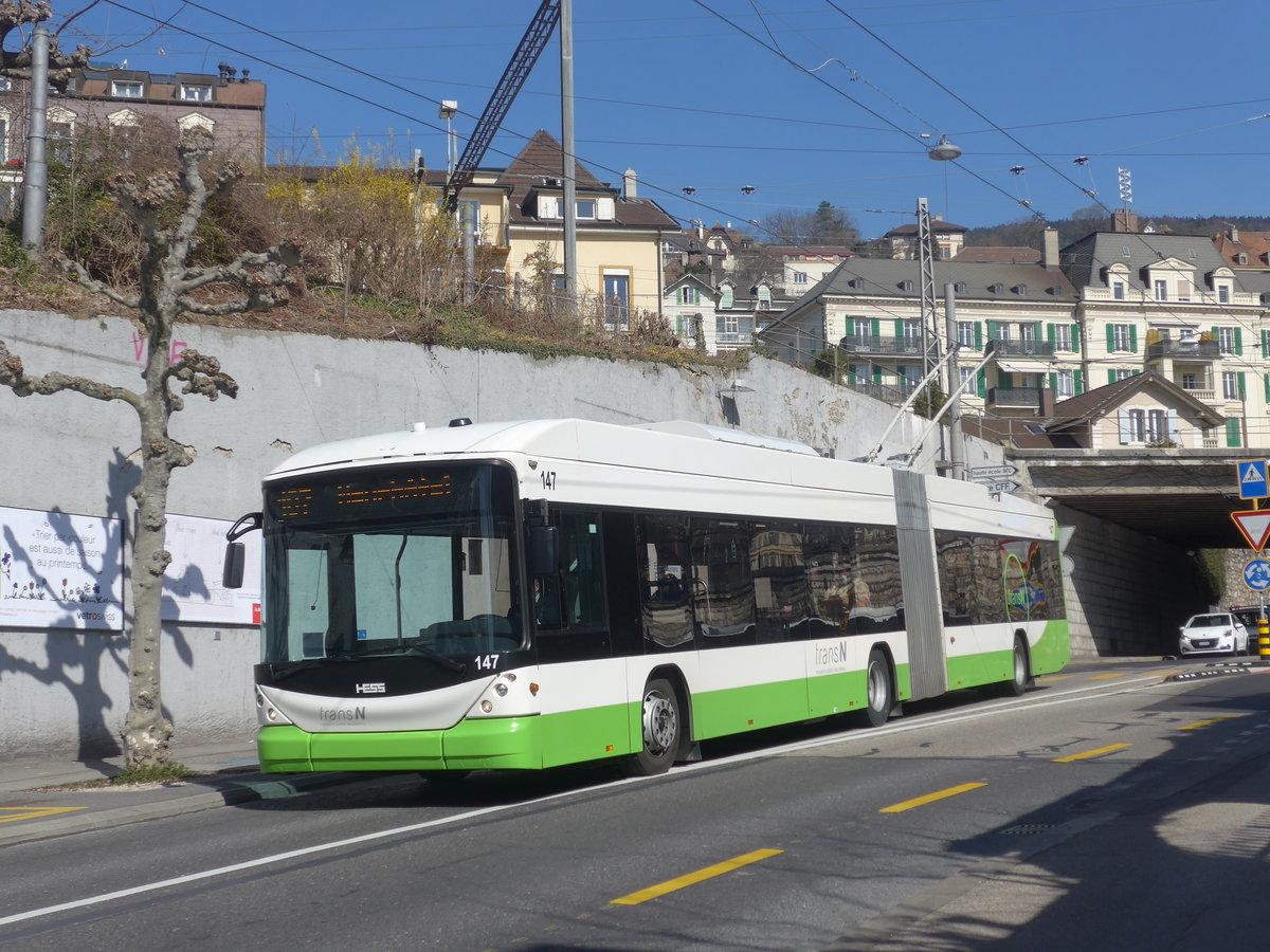(224'558) - transN, La Chaux-de-Fonds - Nr. 147 - Hess/Hess Gelenktrolleybus (ex TN Neuch�tel Nr. 147) am 29. M�rz 2021 in Neuch�tel, Avenue de la Gare