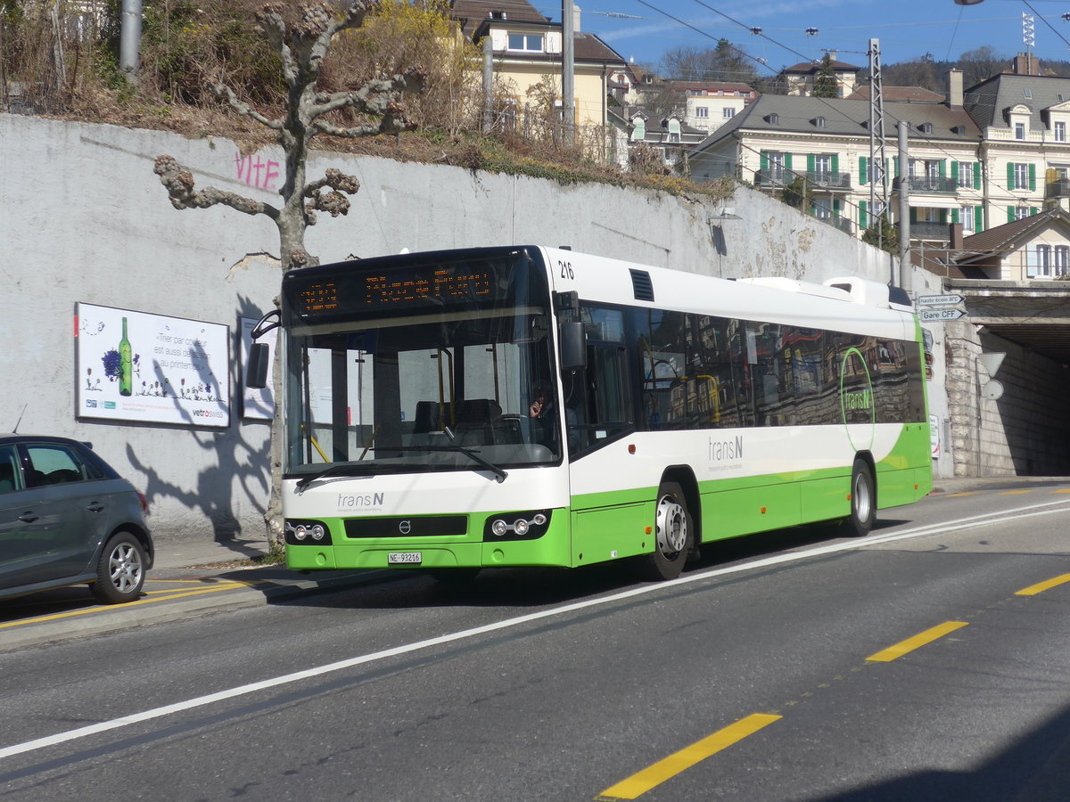 (224'564) - transN, La Chaux-de-Fonds - Nr. 216/NE 93'216 - Volvo (ex TN Neuch�tel Nr. 216) am 29. M�rz 2021 in Neuch�tel, Avenue de la Gare 