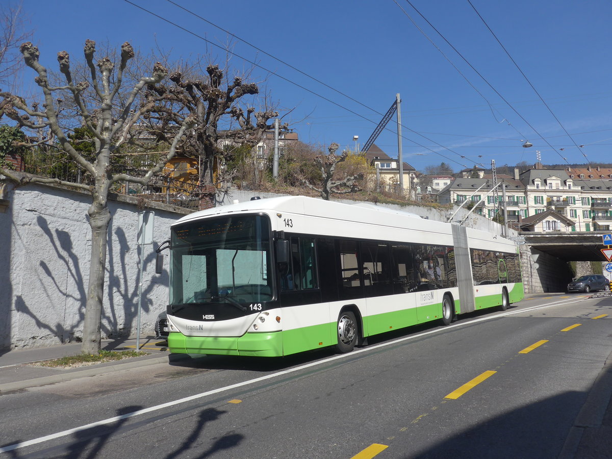 (224'565) - transN, La Chaux-de-Fonds - Nr. 143 - Hess/Hess Gelenktrolleybus (ex TN Neuch�tel Nr. 143) am 29. M�rz 2021 in Neuch�tel, Avenue de la Gare
