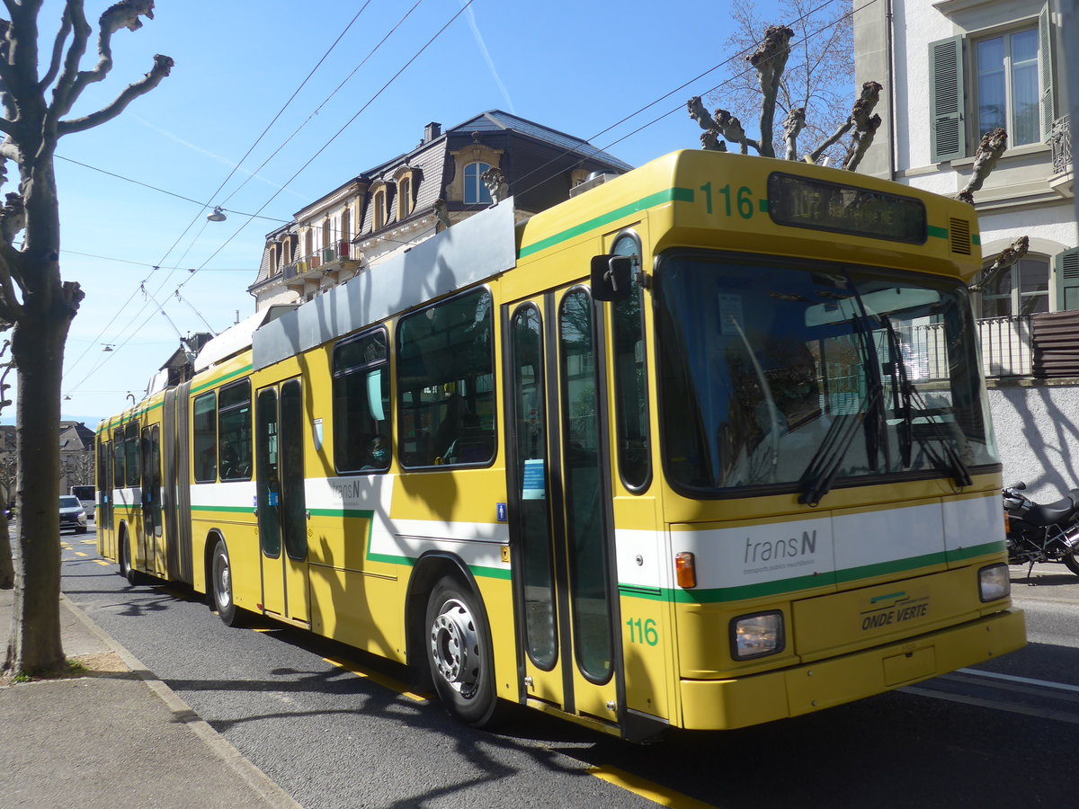 (224'568) - transN, La Chaux-de-Fonds - Nr. 116 - NAW/Hess Gelenktrolleybus (ex TN Neuch�tel Nr. 116) am 29. M�rz 2021 in Neuch�tel, Avenue de la Gare
