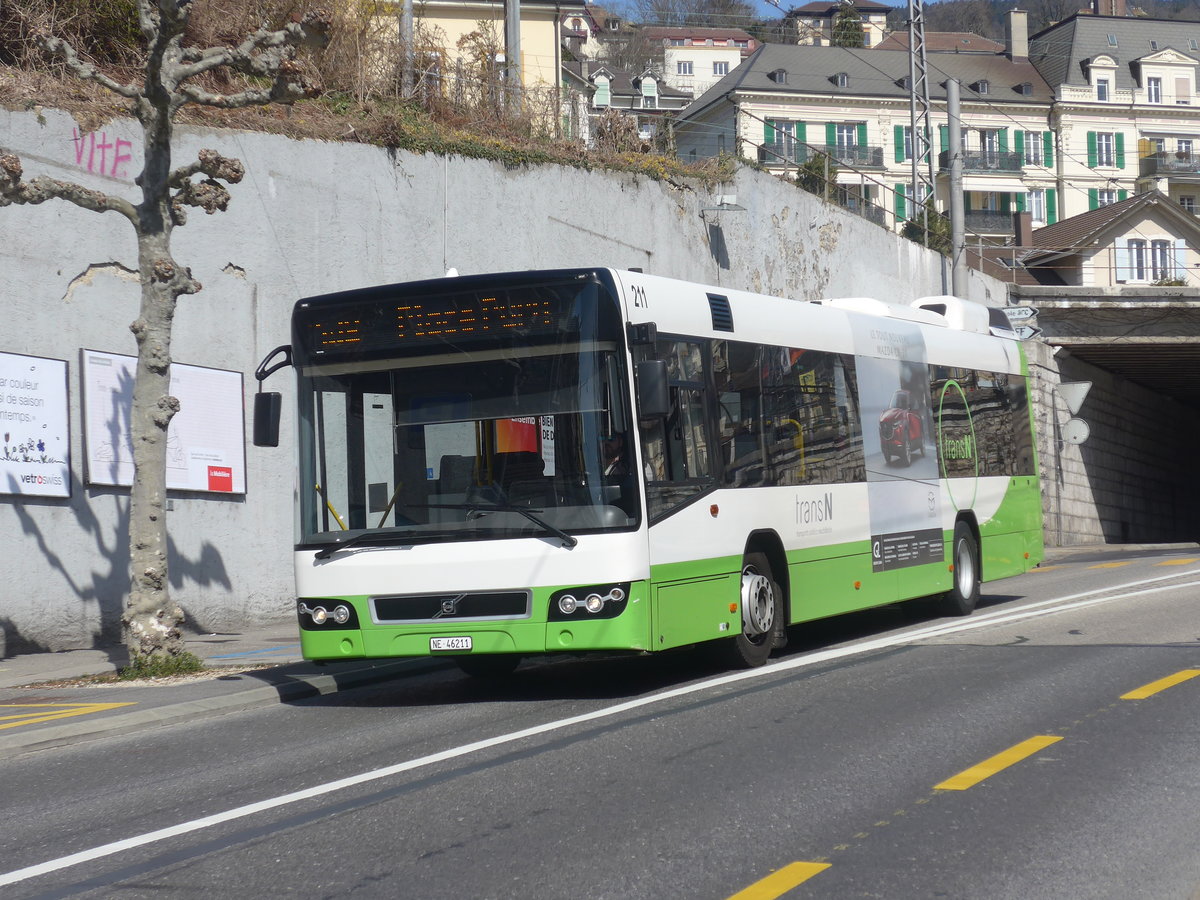 (224'577) - transN, La Chaux-de-Fonds - Nr. 211/NE 46'211 - Volvo (ex TN Neuch�tel Nr. 211) am 29. M�rz 2021 in Neuch�tel, Avenue de la Gare