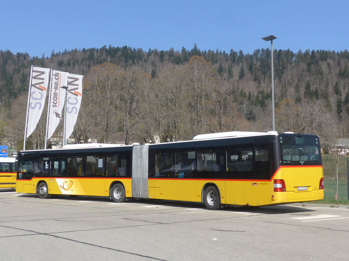 (224'685) - PostAuto Bern - Nr. 664/NE 165'365 - MAN (ex BE 656'301) am 2. April 2021 in Boudevilliers, SCAN-ne (Einsatz CarPostal)