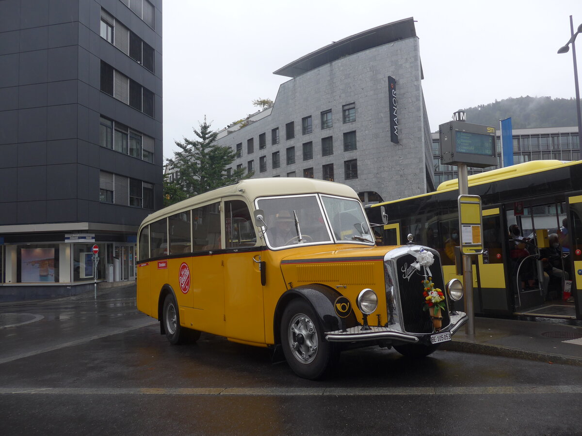 (228'234) - Blaser, Unterseen - BE 105'053 - Saurer/T�scher (ex Gessinger, Bad Ragaz) am 20. September 2021 beim Bahnhof Thun