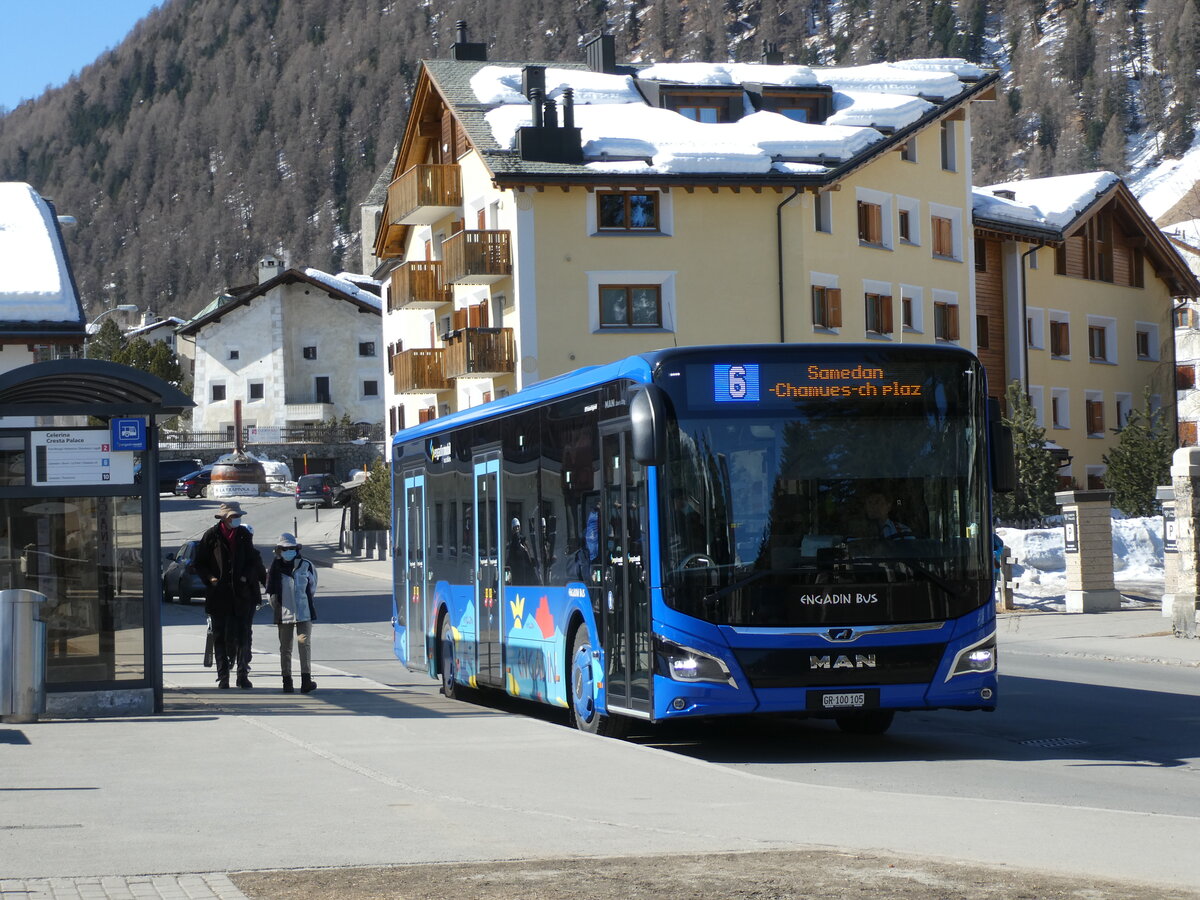 (233'648) - Engadin Bus, St. Moritz - Nr. 105/GR 100'105 - MAN am 10. M�rz 2022 in Celerina, Cresta Palace