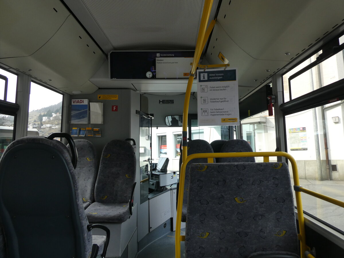 (233'808) - PostAuto Graub�nden - Nr. 8/GR 50'214 - Scania/Hess (ex Fontana, Ilanz Nr. 8) am 11. M�rz 2022 beim Bahnhof Ilanz (Innenaufnahme)