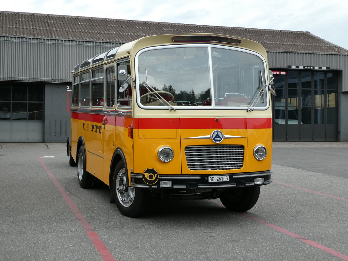 (237'537) - Schmid, Th�rishaus - Nr. 9/BE 26'105 - Saurer/R&J (ex Geiger, Adelboden Nr. 9) am 26. Juni 2022 in Niederwangen, Pneu Fahrni