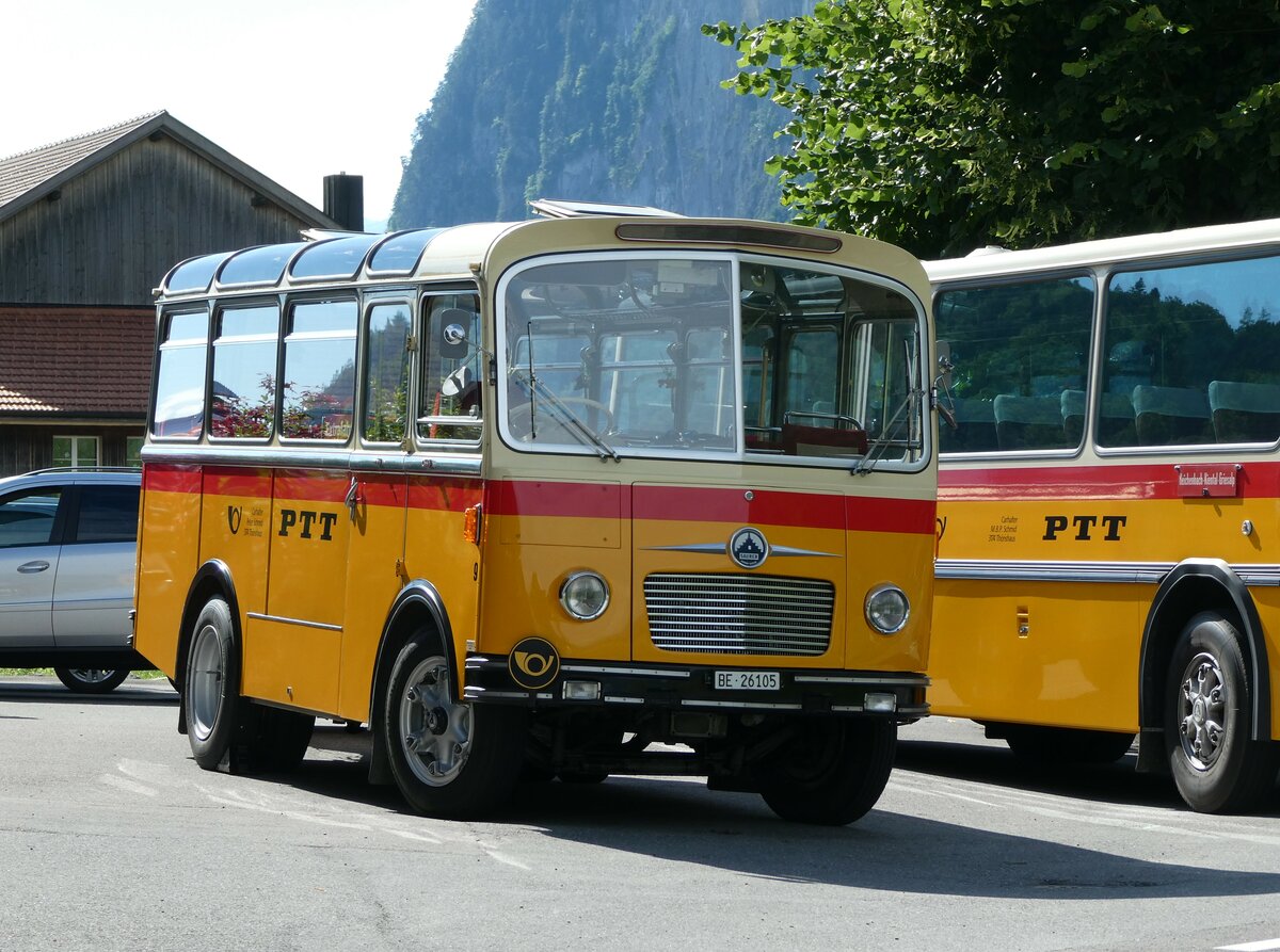 (237'556) - Schmid, Th�rishaus - Nr. 9/BE 26'105 - Saurer/R&J (ex Geiger, Adelboden Nr. 9) am 26. Juni 2022 in Niederstocken, Gasthof zum Stockhorn