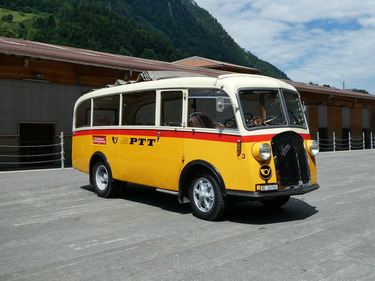 (237'584) - Schmid, Th�rishaus - Nr. 3/BE 26'760 - Saurer/Gangloff (ex Geiger, Adelboden Nr. 3) am 26. Juni 2022 in M�lenen, Kanderarena
