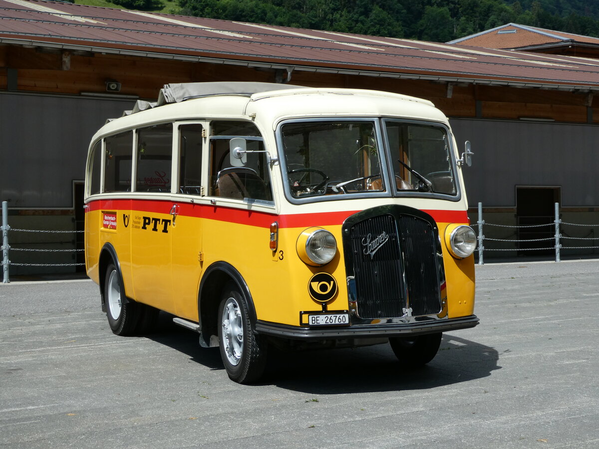 (237'585) - Schmid, Th�rishaus - Nr. 3/BE 26'760 - Saurer/Gangloff (ex Geiger, Adelboden Nr. 3) am 26. Juni 2022 in M�lenen, Kanderarena