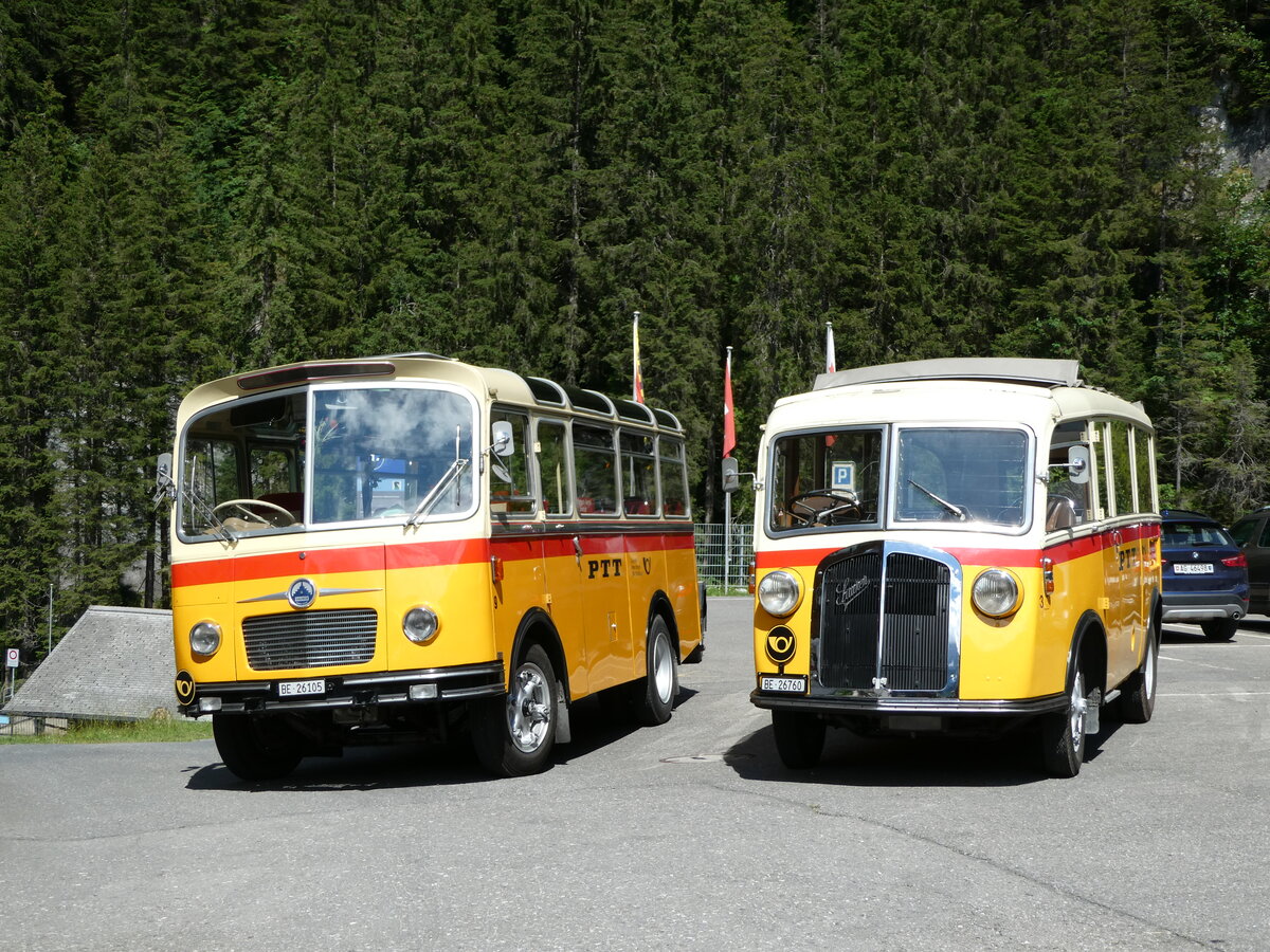 (237'653) - Schmid, Th�rishaus - Nr. 9/BE 26'205 - Saurer/R&J (ex Geiger, Adelboden Nr. 9) + Nr. 3/BE 26'760 - Saurer/Gangloff (ex Geiger, Adelboden Nr. 3) am 26. Juni 2022 auf der Griesalp