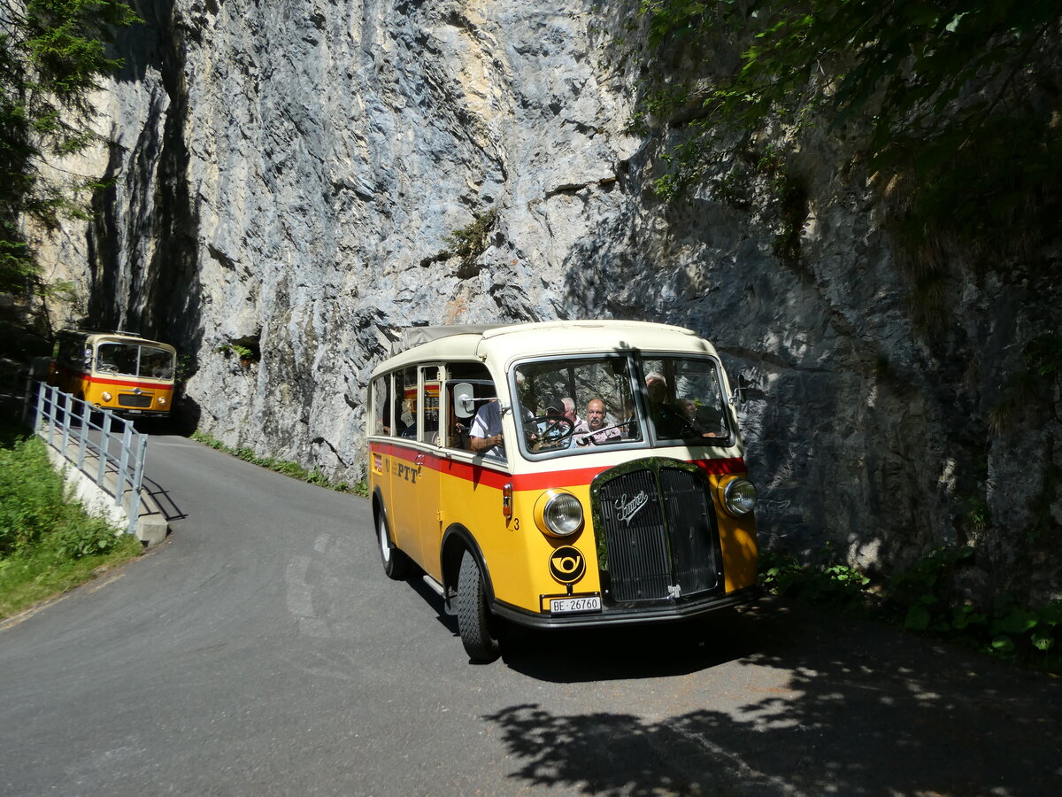 (237'671) - Schmid, Th�rishaus - Nr. 3/BE 26'760 - Saurer/Gangloff (ex Geiger, Adelboden Nr. 3) am 26. Juni 2022 in Kiental, Aussichtsplattform 