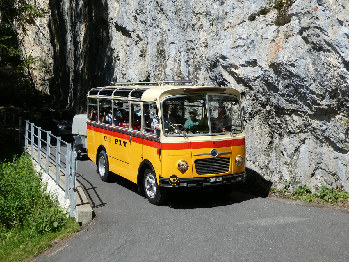 (237'672) - Schmid, Th�rishaus - Nr. 9/BE 26'105 - Saurer/R&J (ex Geiger, Adelboden Nr. 9) am 26. Juni 2022 in Kiental, Aussichtsplattform