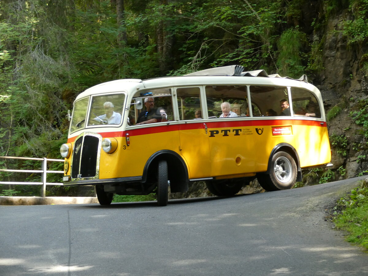 (237'680) - Schmid, Th�rishaus - Nr. 3/BE 26'760 - Saurer/Gangloff (ex Geiger, Adelboden Nr. 3) am 26. Juni 2022 in Kiental, Hexenkessel