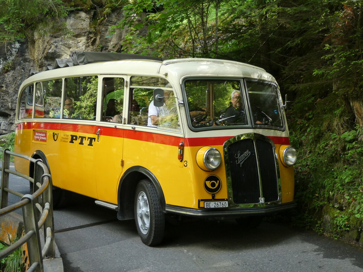 (237'683) - Schmid, Th�rishaus - Nr. 3/BE 26'760 - Saurer/Gangloff (ex Geiger, Adelboden Nr. 3) am 26. Juni 2022 in Kiental, Hexenkessel