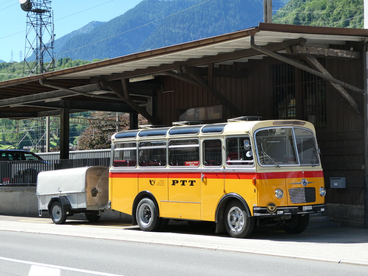(237'949) - Schmid, Th�rishaus - Nr. 9/BE 26'105 - Saurer/R&J (ex Geiger, Adelboden Nr. 9) am 10. Juli 2022 beim Bahnhof Lavorgo