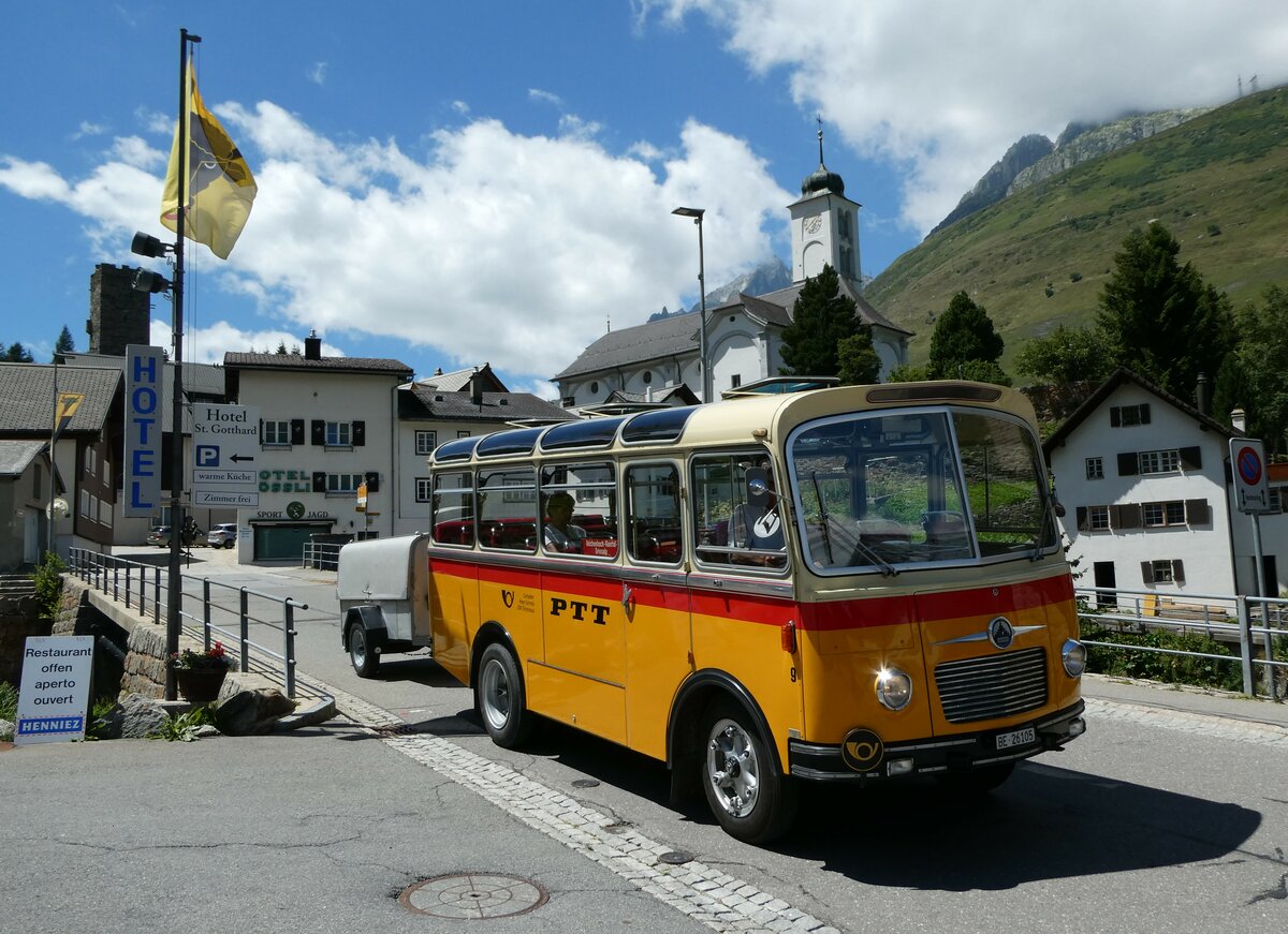 (237'972) - Schmid, Th�rishaus - Nr. 9/BE 26'105 - Saurer/R&J (ex Geiger, Adelboden Nr. 9) am 10. Juli 2022 in Hospental, Reussbr�cke