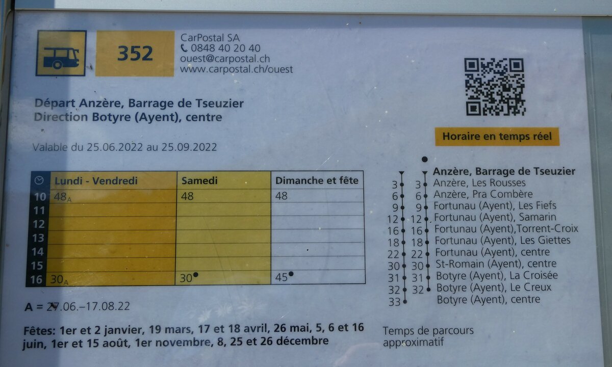 (238'681) - PostAuto-Fahrplan ab Barrage de Tseuzier nach Botyre am 31. Juli 2022 in Anz�re, Barrage de Tseuzier