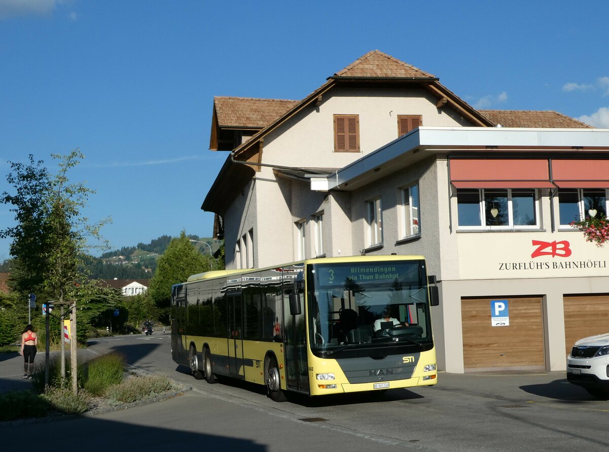 (238'957) - STI Thun - Nr. 148/BE 801'148 - MAN am 8. August 2022 in Steffisburg, Zurfl�h's Bahnh�fli