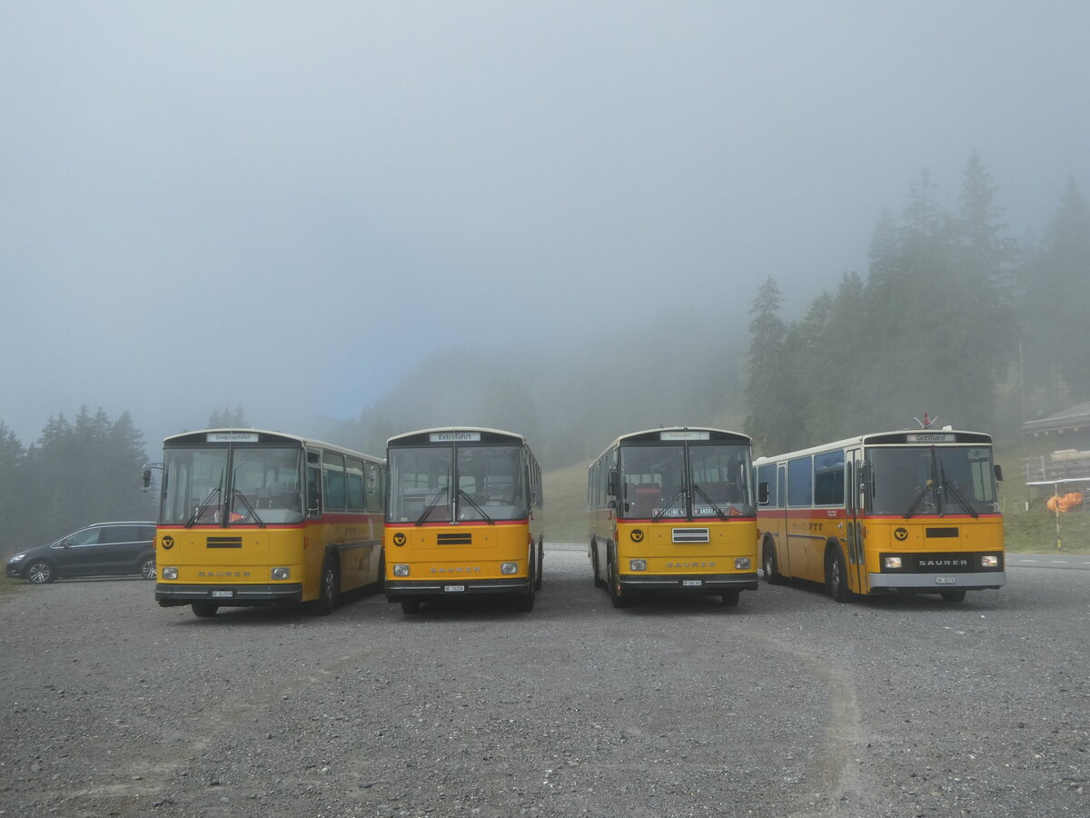 (239'781) - Krummenacher, Zillis - Nr. 74/BE 243'579 - Saurer/R&J (ex AVG Meiringen Nr. 74; ex PostAuto Berner Oberland; ex P 24'357) + Schmid, Th�rishaus - BE 26'206 - Saurer/T�scher (ex P 24'244) + Ackermann, Landquart - GR 106'362 - Saurer/R&J (ex F�ssler, Unteriberg; ex Sch�rch, Gutenburg Nr. 6; ex P 24'358) + Roth, Z�rich - SH 36'376 - Saurer/T�scher (ex Looser, Elm; ex Matrtli, Wassen) am 28. August 2022 in Stalden, Langis