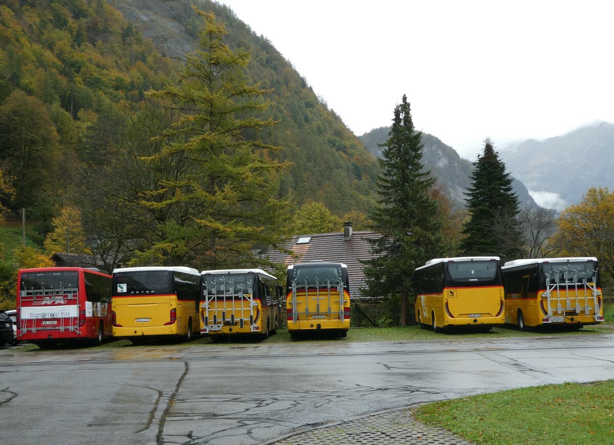 (241'826) - AFA Adelboden - Nr. 24/BE 26'701 - Setra (Einsatz: PostAuto f�r Engstlenalp-Bus) + PostAuto Bern - BE 401'263 - Setra (ex AVG Meiringen Nr. 63) + Fl�ck, Brienz - Nr. 28/BE 868'728 - Iveco + PostAuto Bern - Nr. 71/BE 412'071 - MAN (ex PostAuto Zentralschweiz Nr, 20; ex Dillier, Sarnen Nr. 20) + Fl�ck, Brienz - Nr. 25/BE 868'725 + Nr. 26/BE 868'726 - Iveco am 24. Oktober 2022 in Meiringen, Postgarage