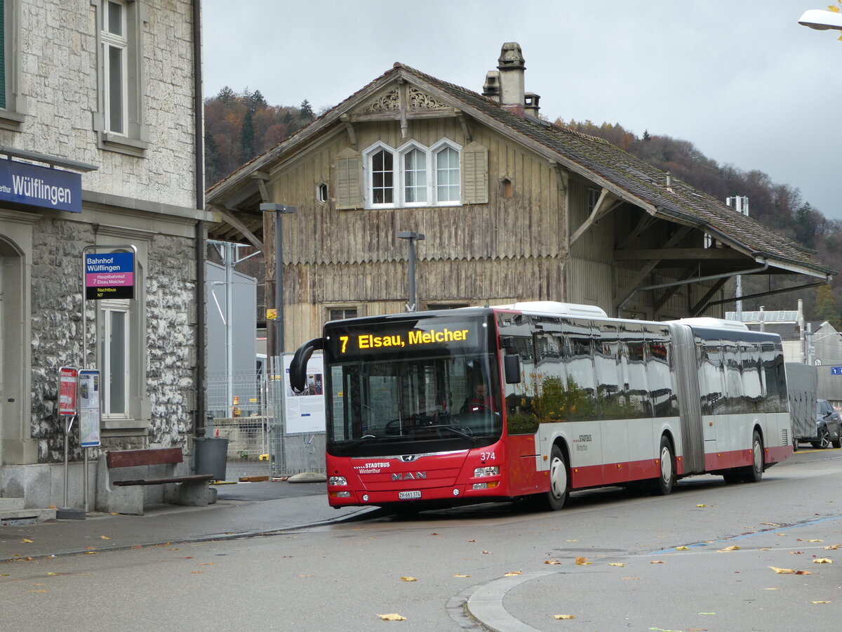 (243'003) - SW Winterthur - Nr. 374/ZH 661'374 - MAN am 18. November 2022 beim Bahnhof Winterthur W�lflingen