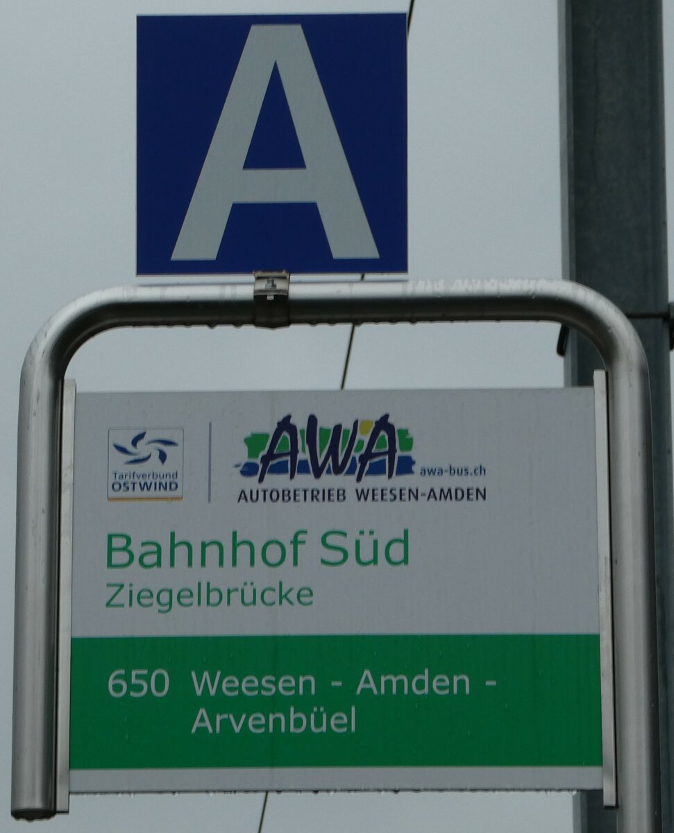 (244'402) - AWA-Haltestellenschild - Ziegelbr�cke, Bahnhof S�d - am 3. Januar 2023