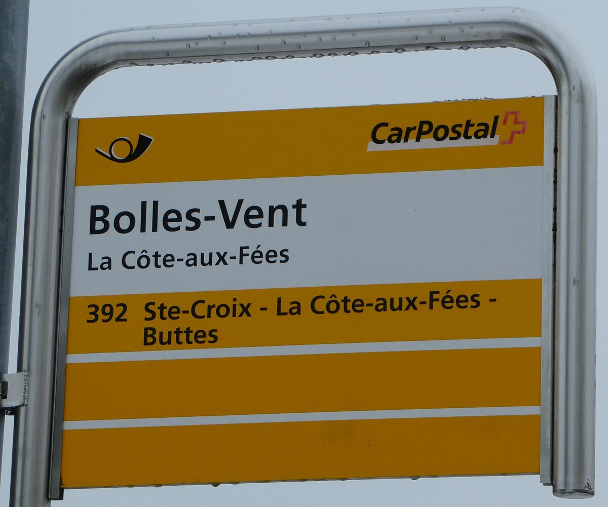(245'679) - PostAuto-Haltestellenschild - La C�te-aux-F�es, Bolles-Vent - am 2. Februar 2023