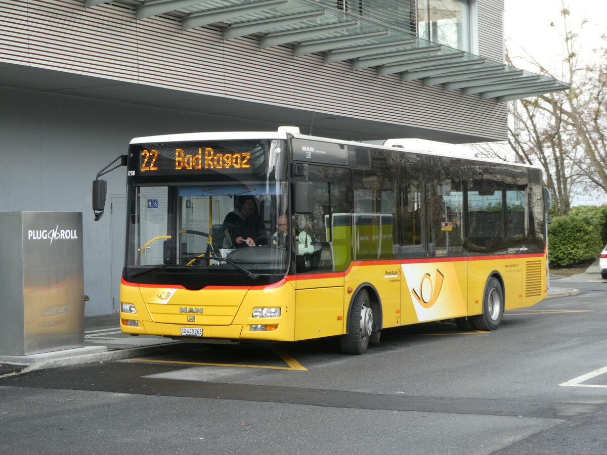 (245'853) - Gessinger, Bad Ragaz - SG 448'263/PID 4758 - MAN/G�ppel (ex GR 102'390) am 6. Februar 2023 beim Bahnhof Landquart