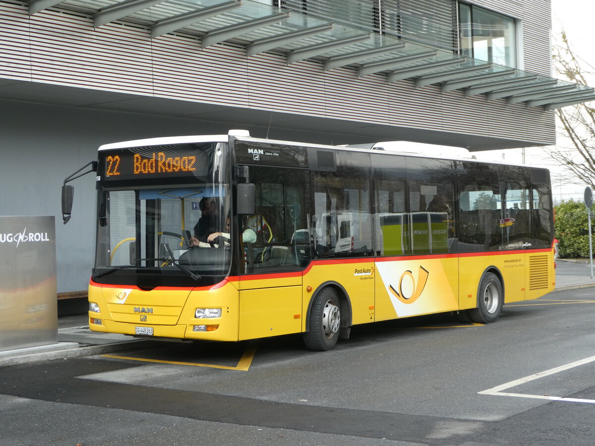 (245'854) - Gessinger, Bad Ragaz - SG 448'263/PID 4758 - MAN/G�ppel (ex GR 102'390) am 6. Februar 2023 beim Bahnhof Landquart