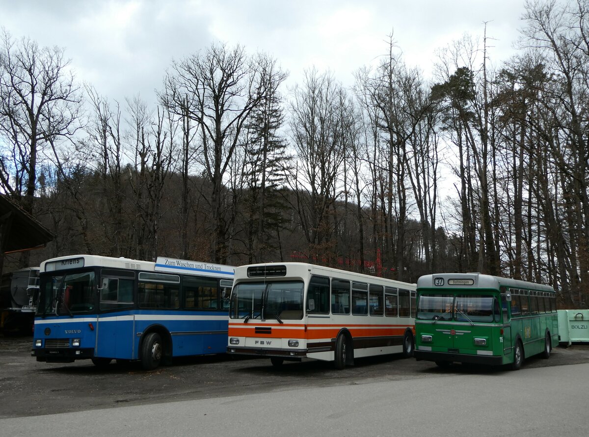(246'672) - Krauer, Kehrsatz - Volvo/R&J (ex VBL Luzern Nr. 111) + Wegm�ller, M�nsingen - FBW/R&J (ex Bamert, Wollerau) + BVB Basel (RWB) - Nr. 75 - FBW/FHS am 26. Februar 2023 in Oberburg, Ziegelgut