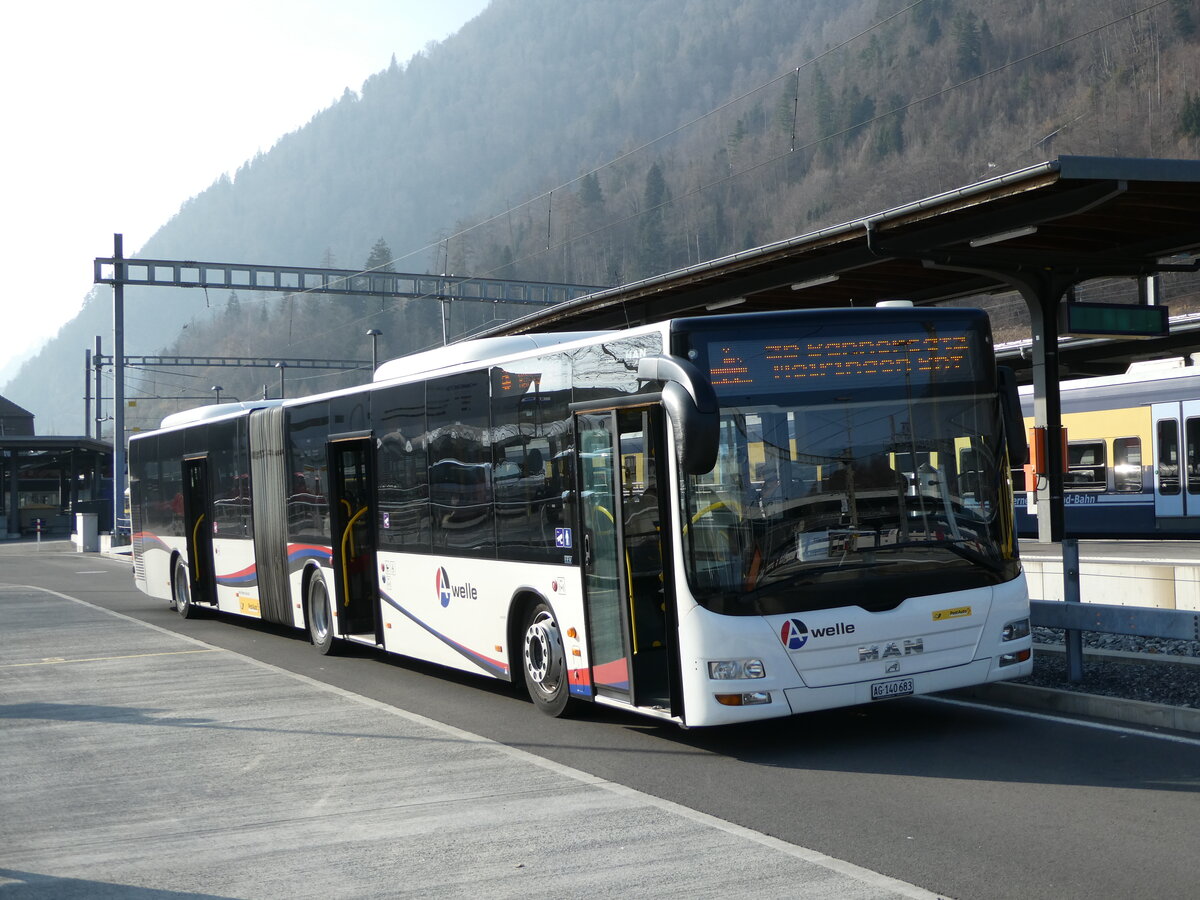 (246'804) - PostAuto Nordschweiz - AG 140'683/PID 5007 - MAN (ex Steffen, Remetschwil Nr. 58) am 2. M�rz 2023 beim Bahnhof Interlaken Ost