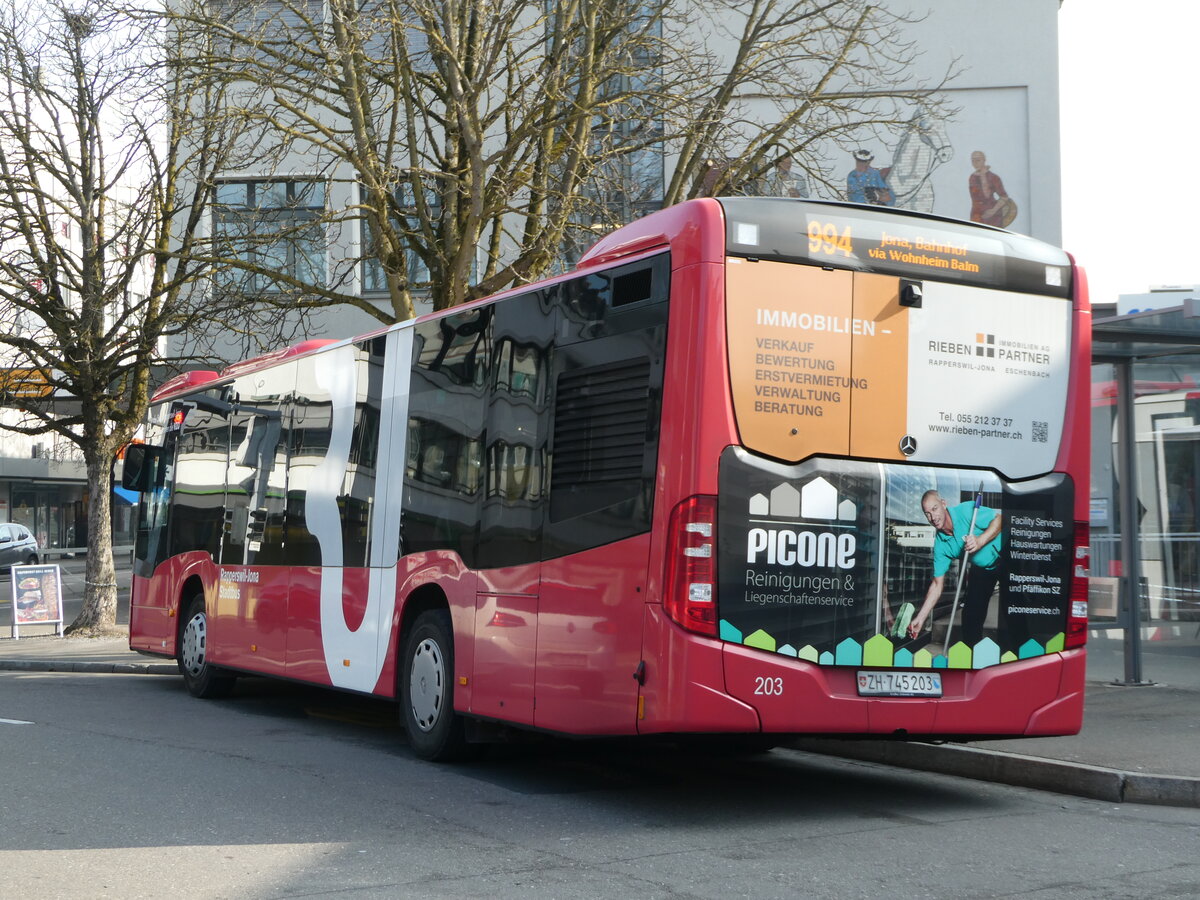(246'830) - VZO Gr�ningen - Nr. 203/ZH 745'203 - Mercedes am 4. M�rz 2023 beim Bahnhof Rapperswil
