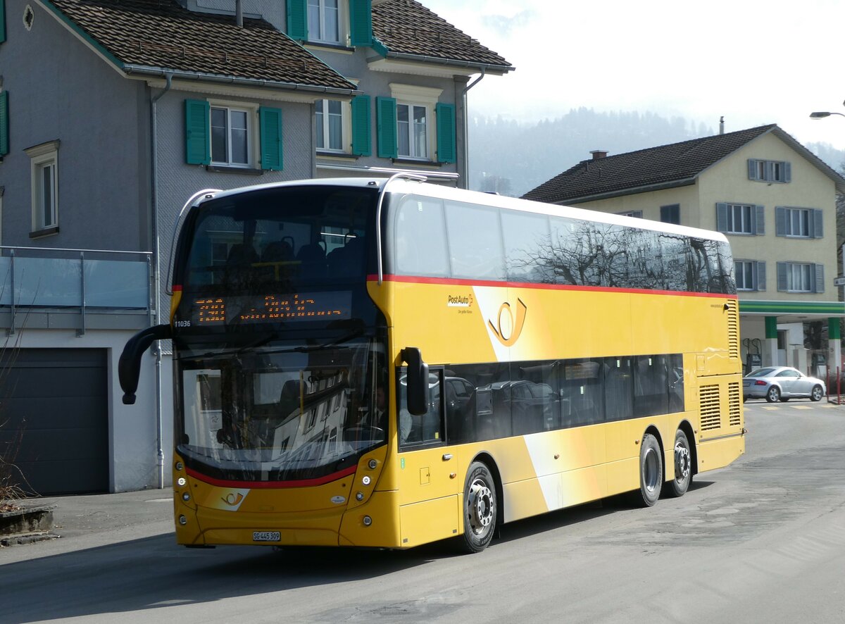 (246'836) - PostAuto Ostschweiz - SG 445'309/PID 11'036 - Alexander Dennis (ex CarPostal Ouest NE 154'830; ex PostAuto Ostschweiz SG 445'309) am 4. M�rz 2023 beim Bahnhof Nesslau-Neu St. Johann