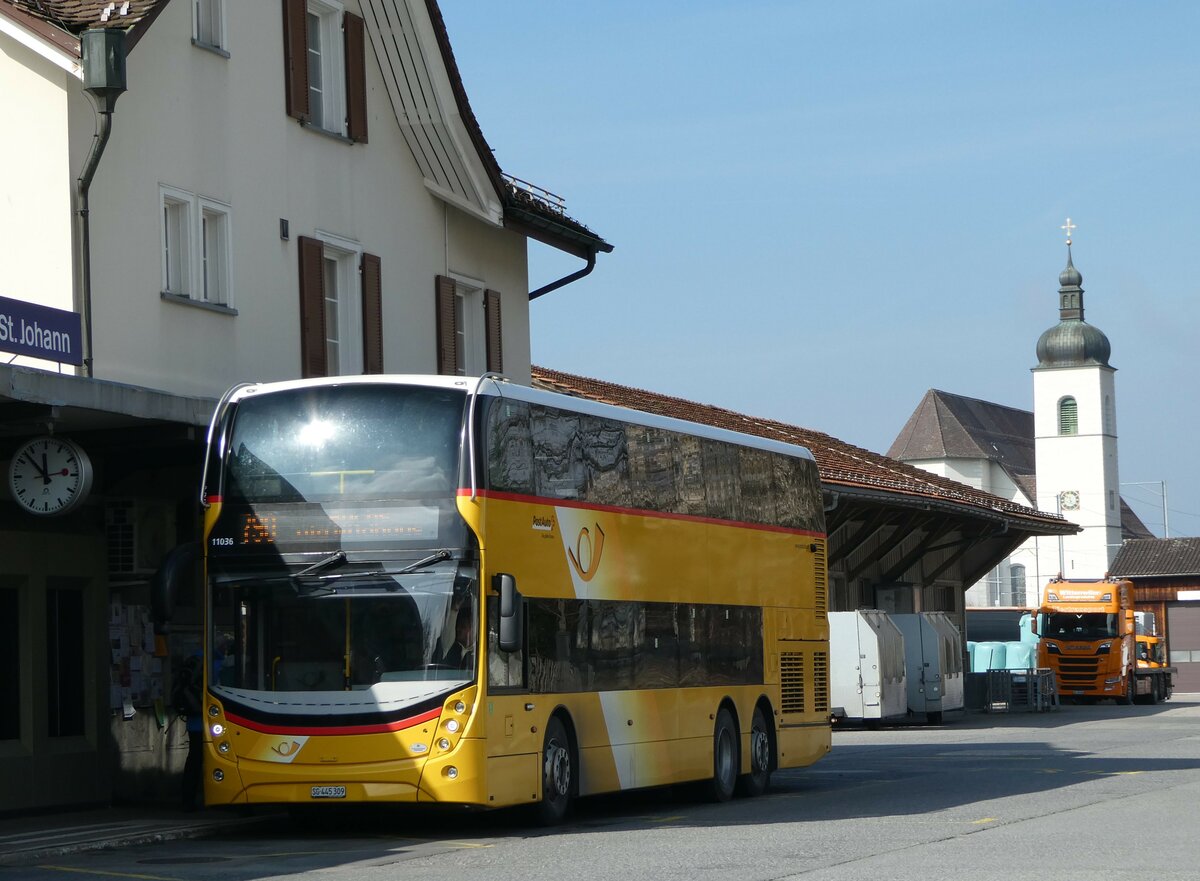 (246'837) - PostAuto Ostschweiz - SG 445'309/PID 11'036 - Alexander Dennis (ex CarPostal Ouest NE 154'830; ex PostAuto Ostschweiz SG 445'309) am 4. M�rz 2023 beim Bahnhof Nesslau-Neu St. Johann