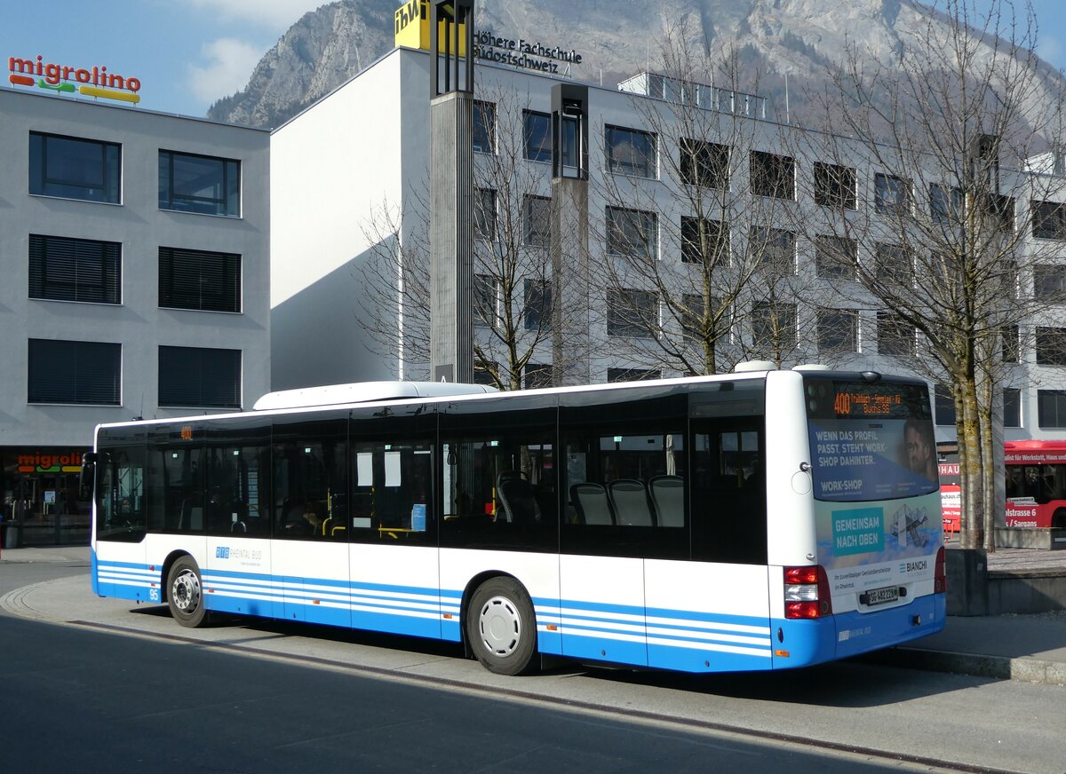 (246'874) - RTB Altst�tten - Nr. 95/SG 482'228 - MAN (ex PostBus/A BD 15'346) am 4. M�rz 2023 beim Bahnhof Sargans