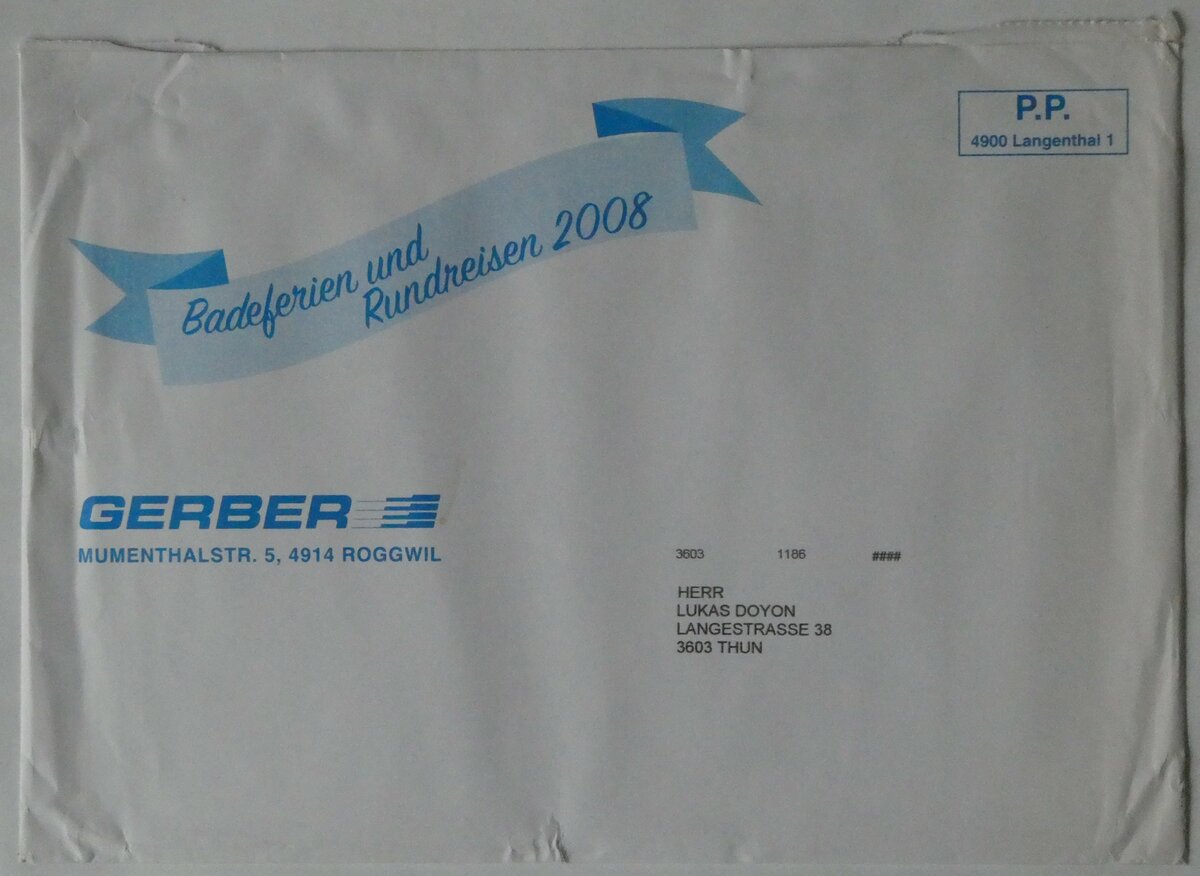 (247'162) - Gerber-Briefumschlag von 2008 am 12. M�rz 2023 in Thun