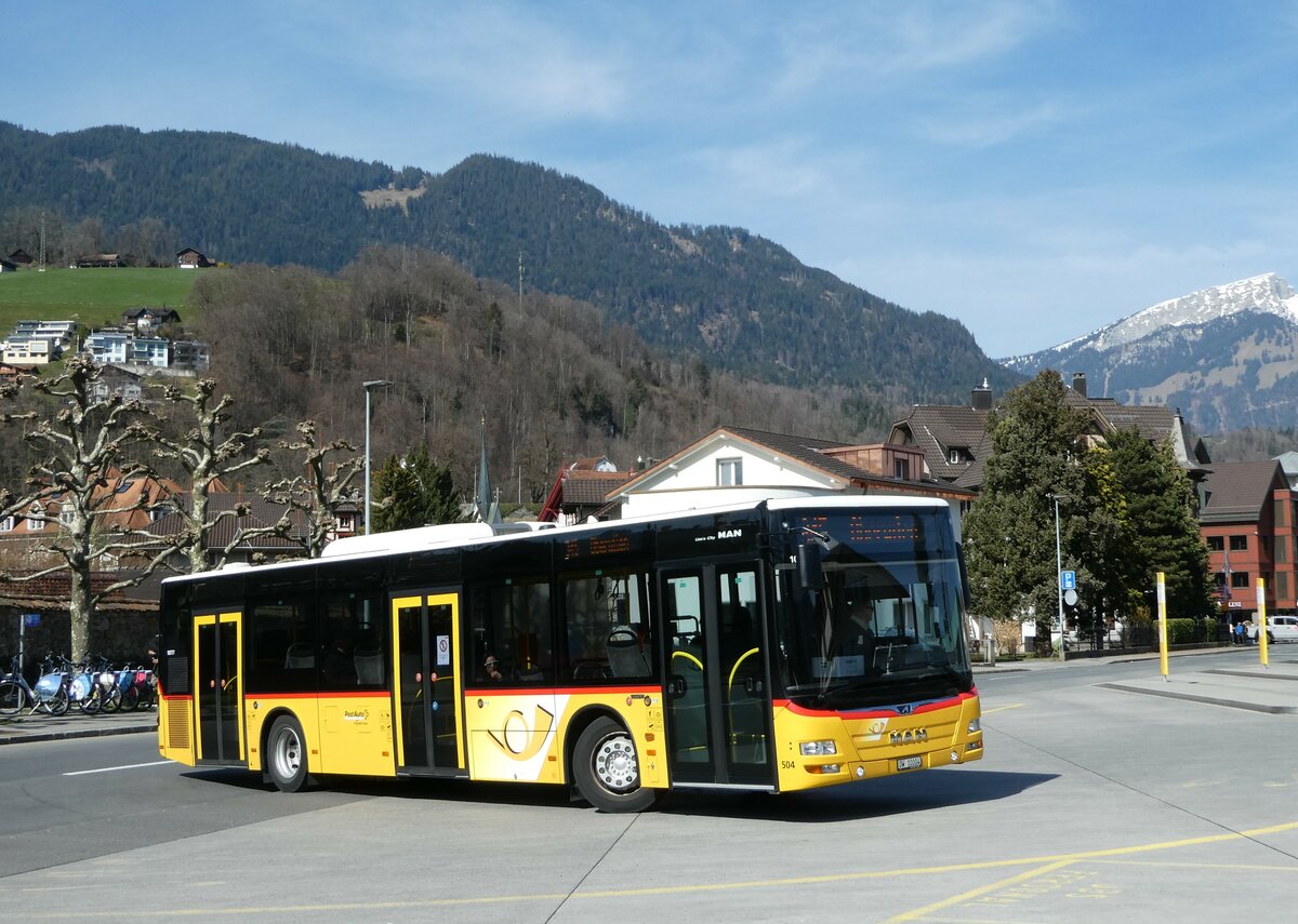 (247'414) - PostAuto Zentralschweiz - Nr. 504/OW 10'004/PID 10'777 - MAN (ex Nr. 10; ex Dillier, Sarnen Nr. 10) am 18. M�rz 2023 beim Bahnhof Sarnen