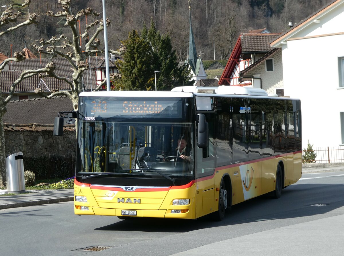 (247'436) - PostAuto Zentralschweiz - Nr. 501/OW 10'001/PID 10'265 - MAN (ex Nr. 9; ex Dillier, Sarnen Nr. 9) am 18. M�rz 2023 beim Bahnhof Sarnen