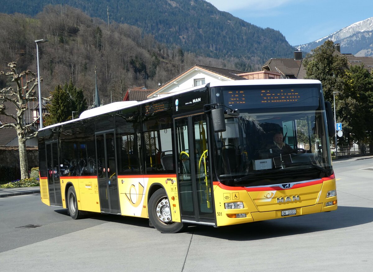(247'437) - PostAuto Zentralschweiz - Nr. 501/OW 10'001/PID 10'265 - MAN (ex Nr. 9; ex Dillier, Sarnen Nr. 9) am 18. M�rz 2023 beim Bahnhof Sarnen
