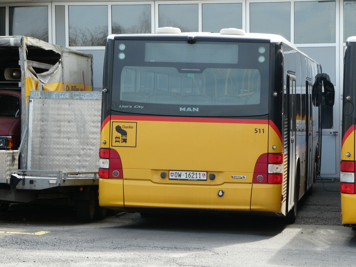 (247'443) - PostAuto Zentralschweiz - Nr. 511/OW 16'211/PID 10'290 - MAN (ex Nr. 11; ex Mattli, Wassen) am 18. M�rz 2023 in Sarnen, Garage